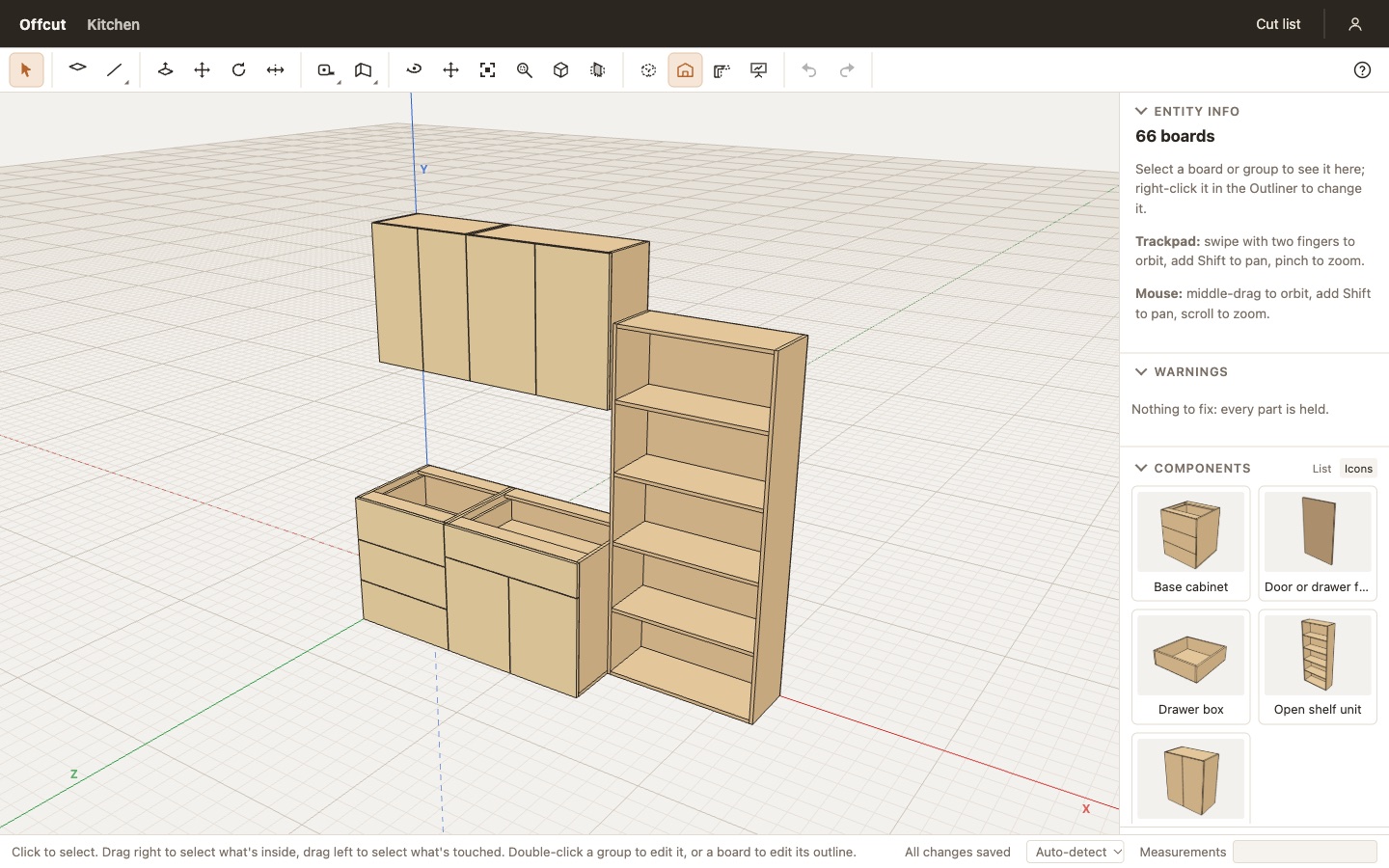 The Offcut editor: a run of kitchen base cabinets, wall cabinets and a tall open shelf unit, drawn in boards